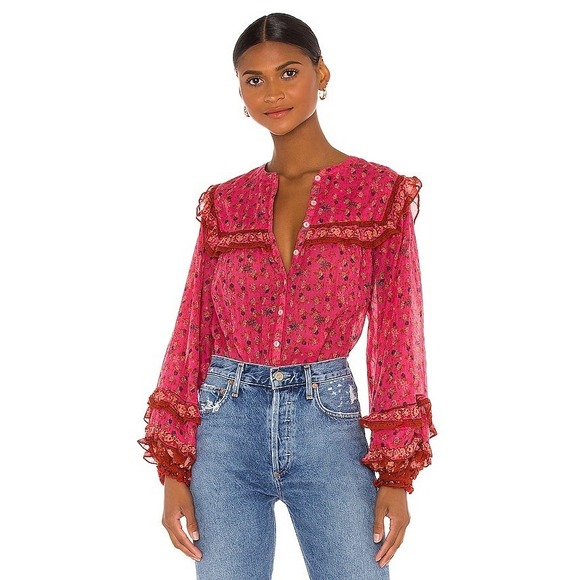 Free People L Jenna Floral Blouse Top Peasant Cottage Prairie Ruffle REVOLVE‎ - Picture 1 of 7